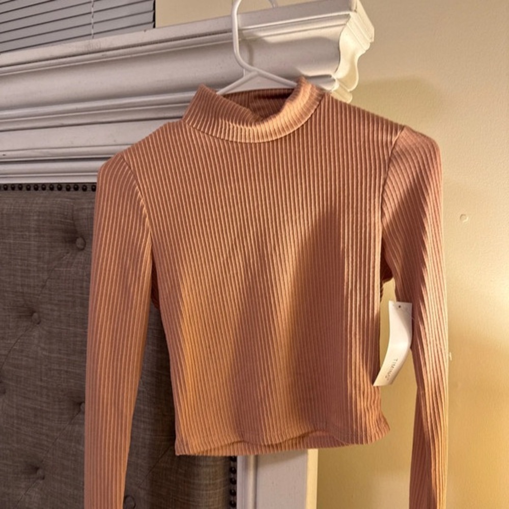 Pink Lily Tan Ribbed Crop Top with Long Sleeves